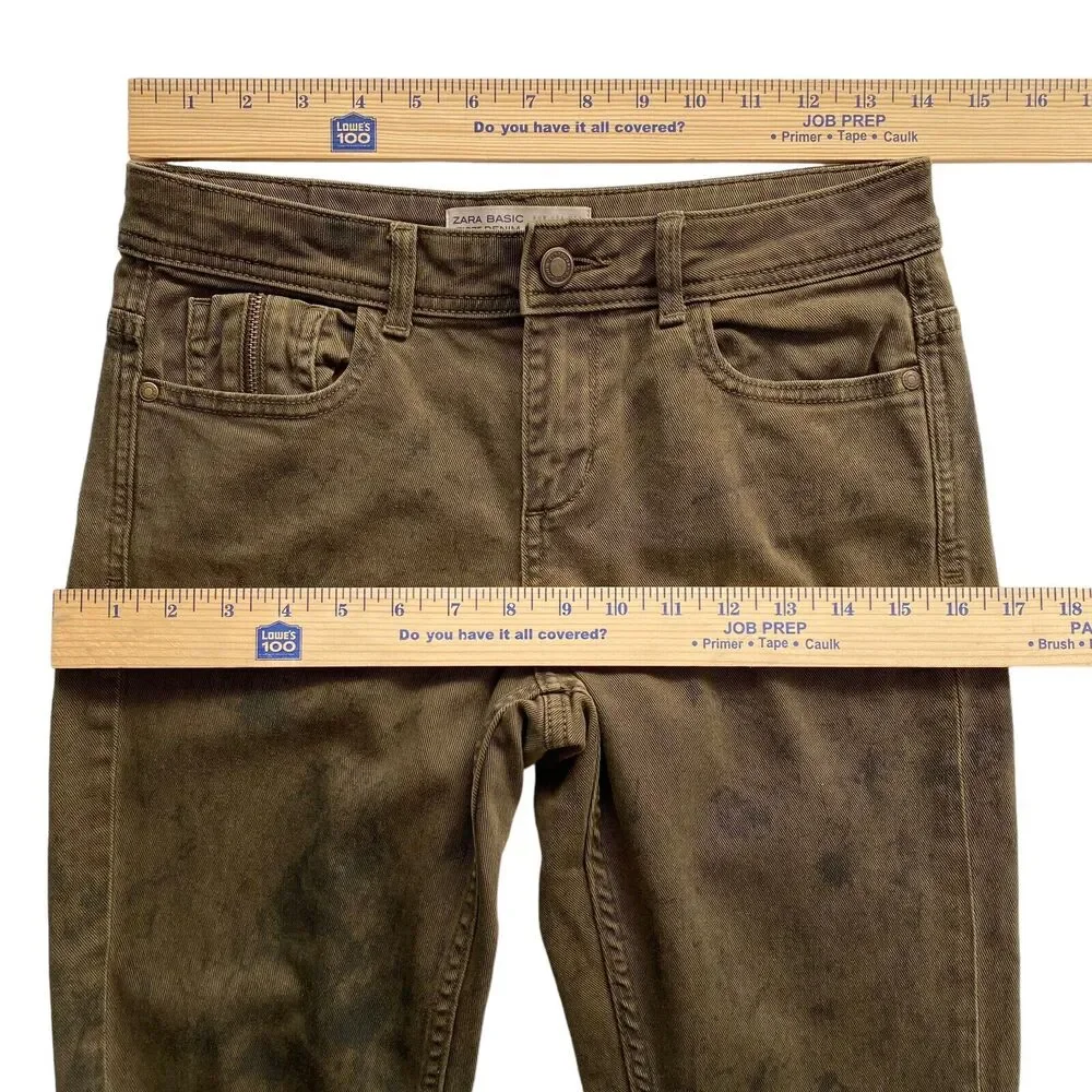 ZARA Basic Z1975 Denim Size 2 Mid Rise Skinny Uneven Hem Olive Jeans Dark Marks